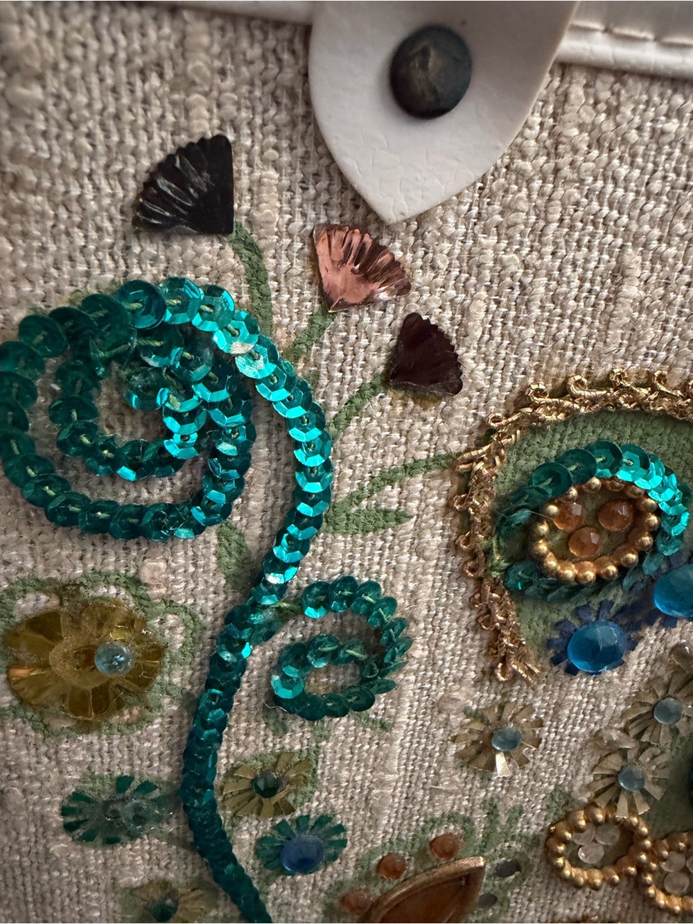 Embroidered White Tote with Teal and Gold Accents - Picture 9 of 12
